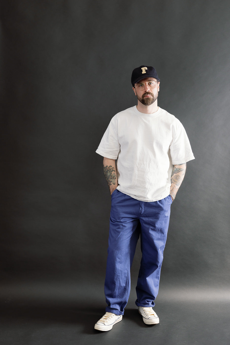 Full body front view of male model 5'9