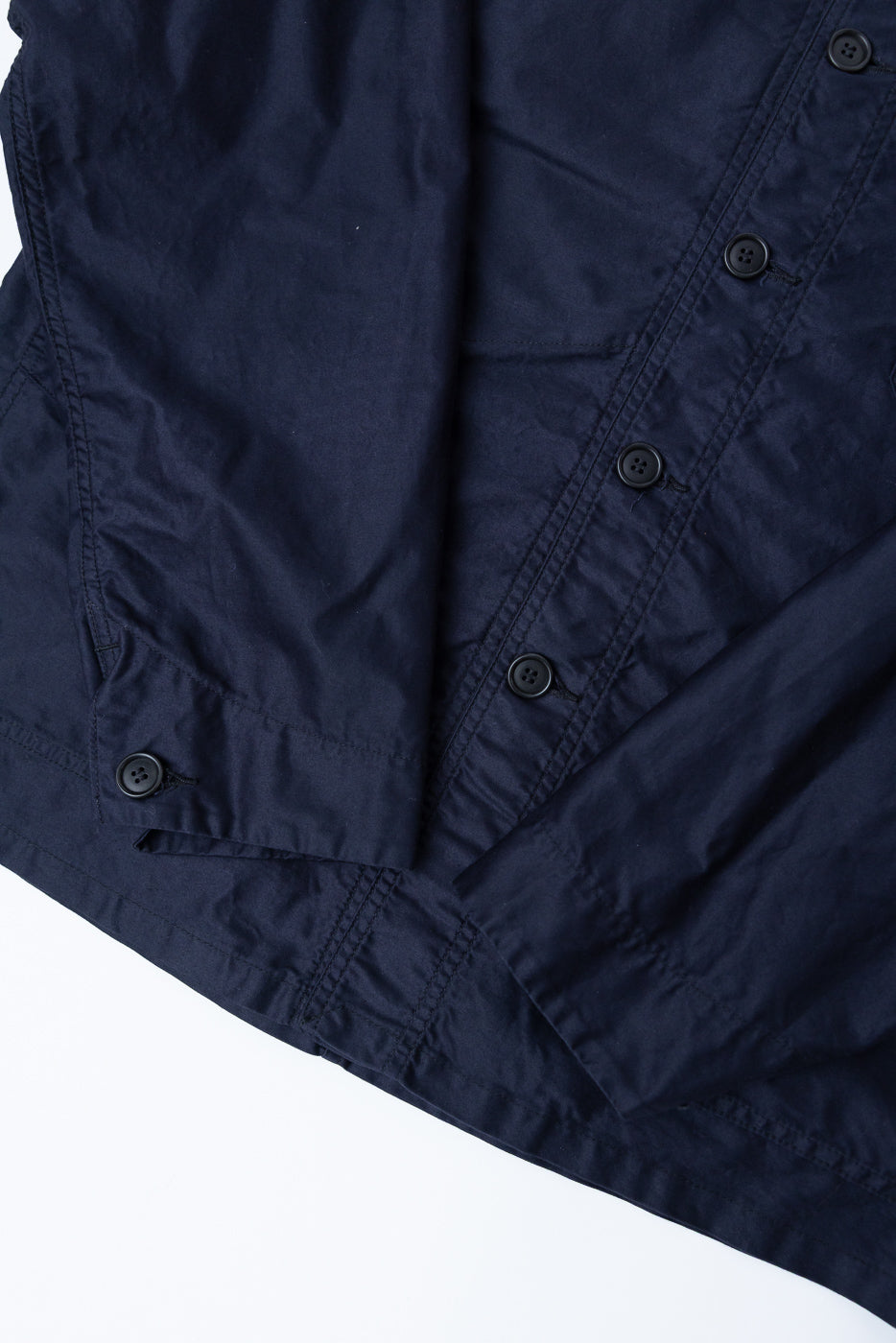 Navy-blue 3135-LMN Post Chinois Travail 2 jacket, featuring dark buttons and detailed stitching, crafted from pre-washed cotton moleskin for a luxurious, workwear-inspired silhouette.