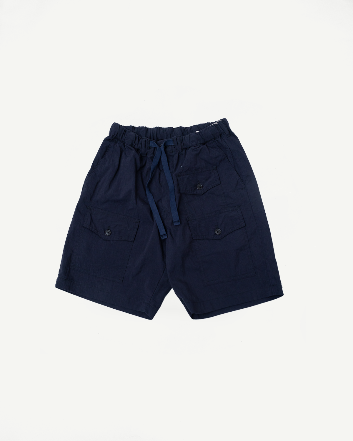 Front flat lay of navy twill shorts with drawstring waist, button flap pockets, casual style