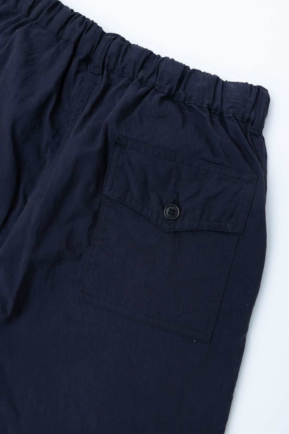 Close-up of back left side of navy twill shorts, showing pocket with flap and button detail.