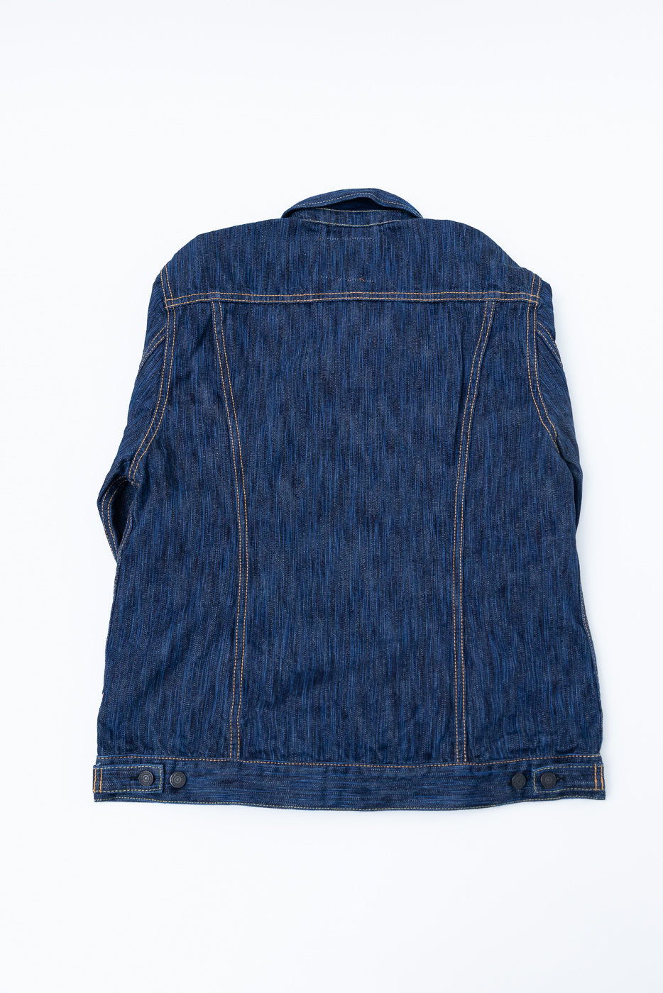 Back view of the 6225-D - 14.5oz Dark Waterfall Selvedge Type 2 Jacket - Indigo, showcasing the yoke, vertical seams, folded collar, and adjustable button tabs on a flat white background.