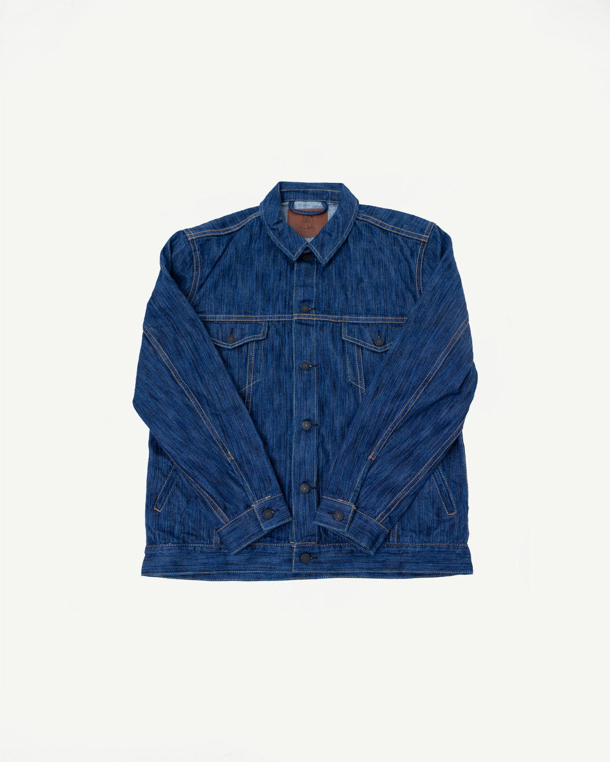 6226-L - 14.5oz Light Waterfall Selvedge Type III Jacket - Indigo, showcasing button-front closure, pointed collar, chest flap pockets, side pockets, and contrast stitching on classic blue denim, laid flat.