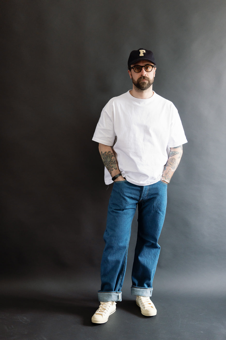 Full body front view of male model 5'9