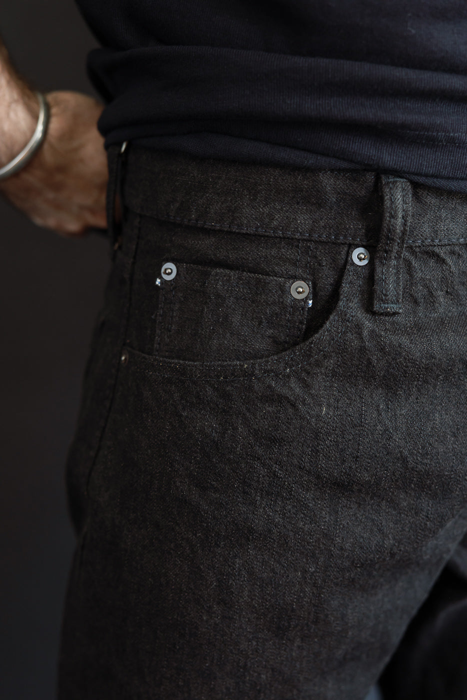 Close-up of male model's back pocket, dark selvedge jeans with silver rivets, athletic build