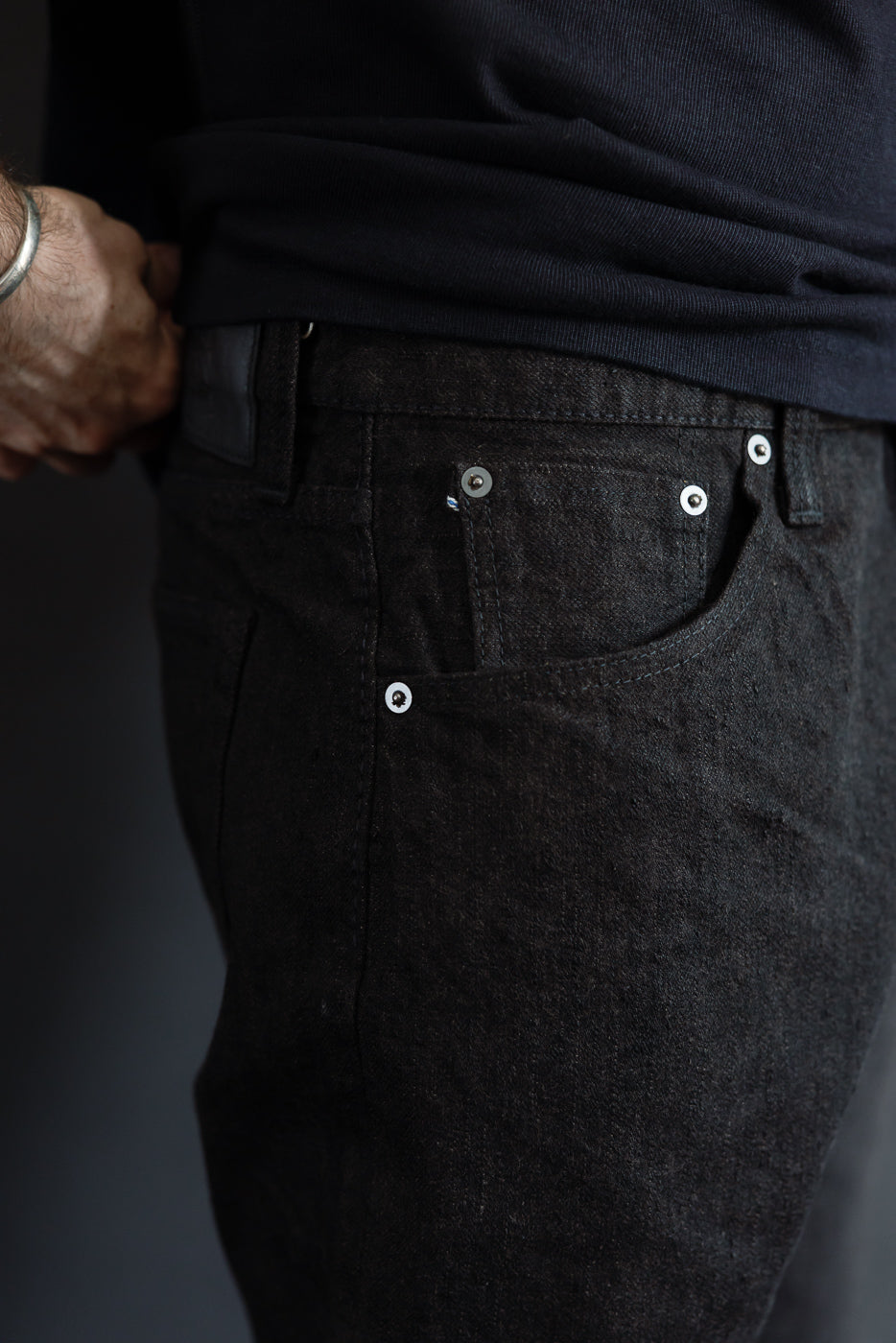 Close-up front view of dark selvedge jeans, male model, athletic build, showing button details and fabric texture