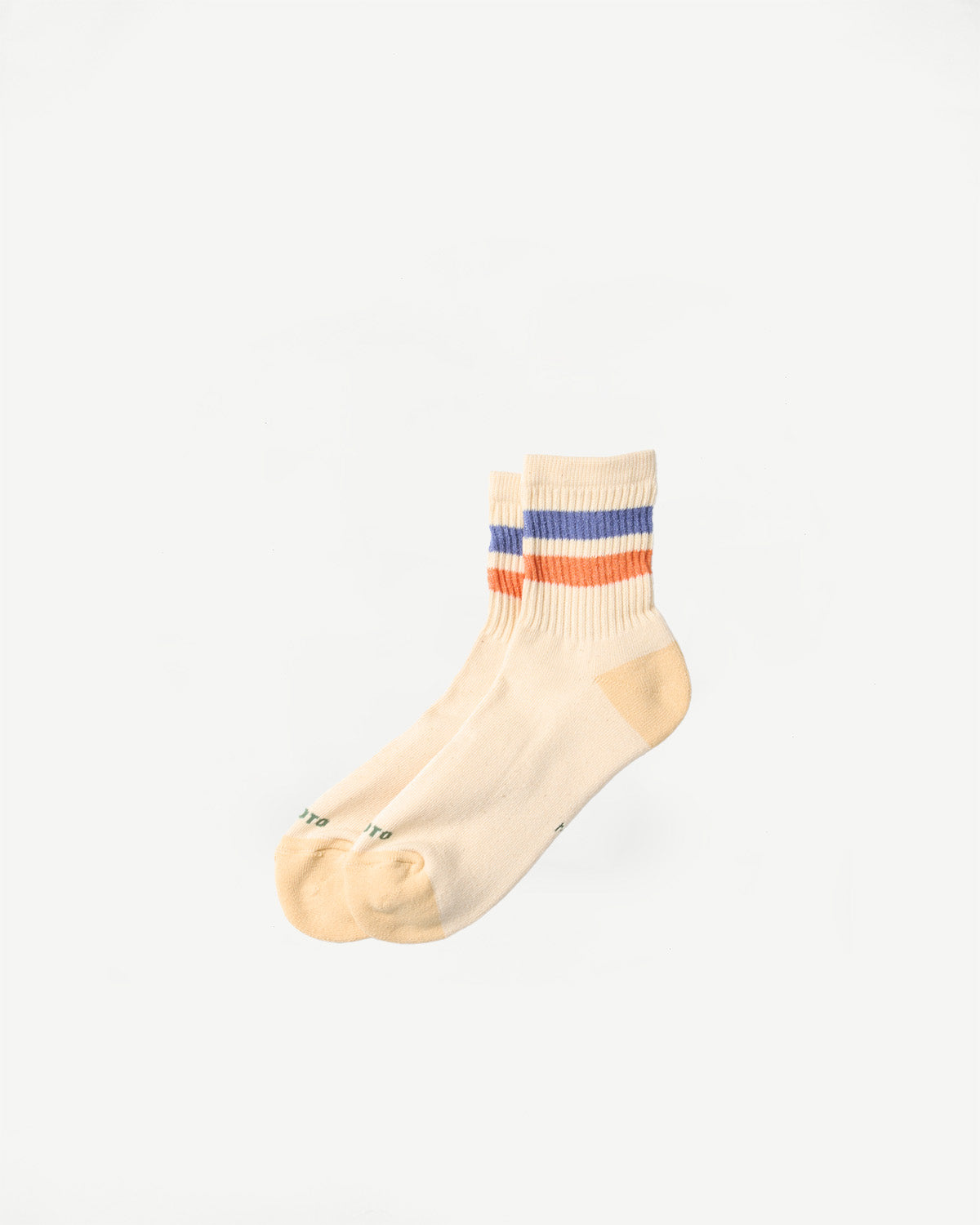 Flat lay front view of retro athletic ankle socks, cream with blue and orange stripes.