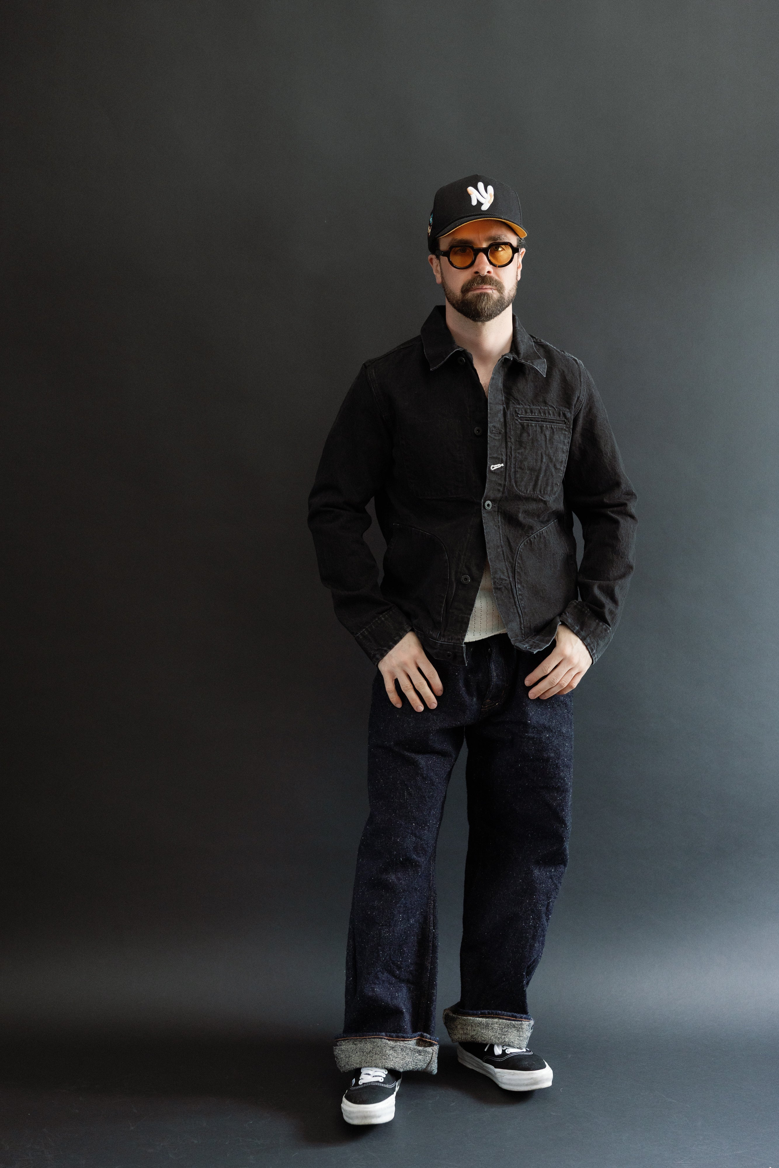 Full body front view of male model 5'9