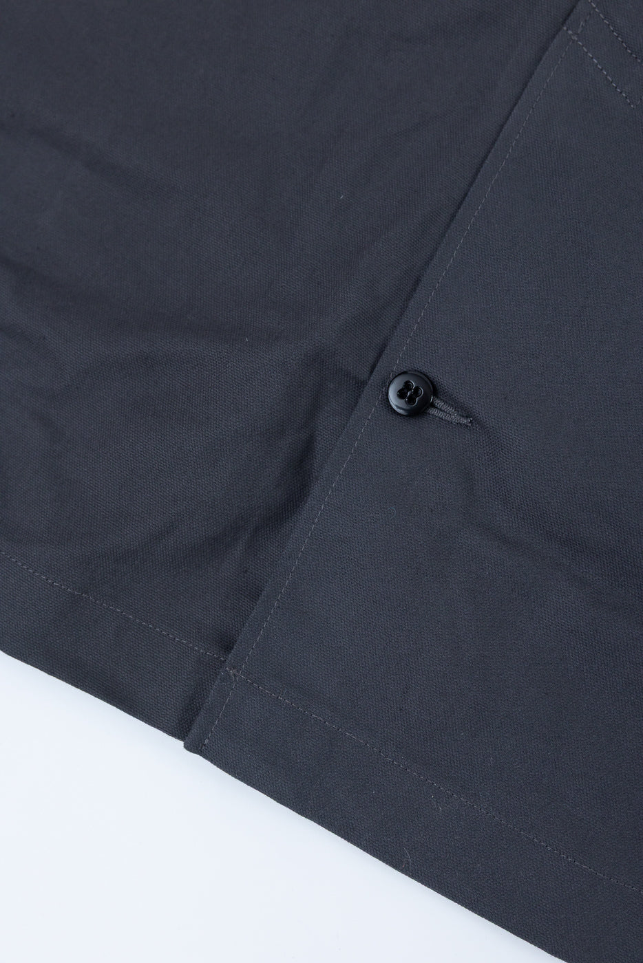 Close-up of grey dry waxed canvas trench coat hem with button and visible texture, front lower section.