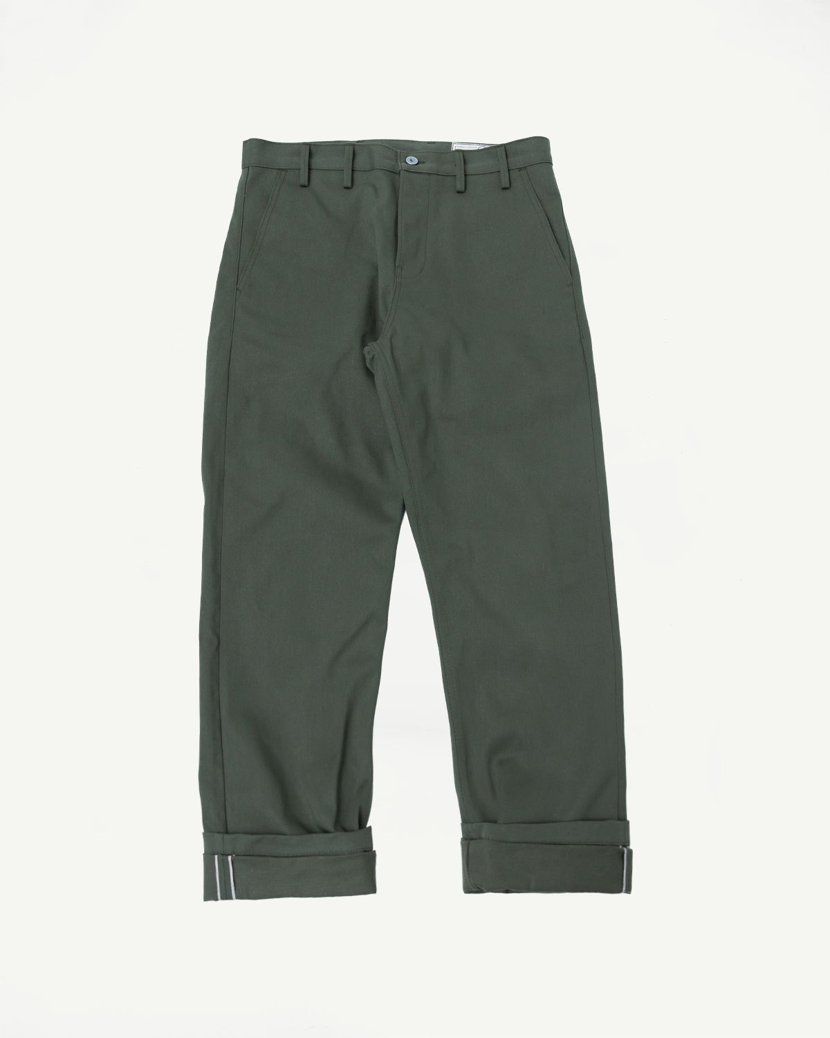 Flat lay of olive green officer high trousers, front view, cuffed hem, visible belt loops.