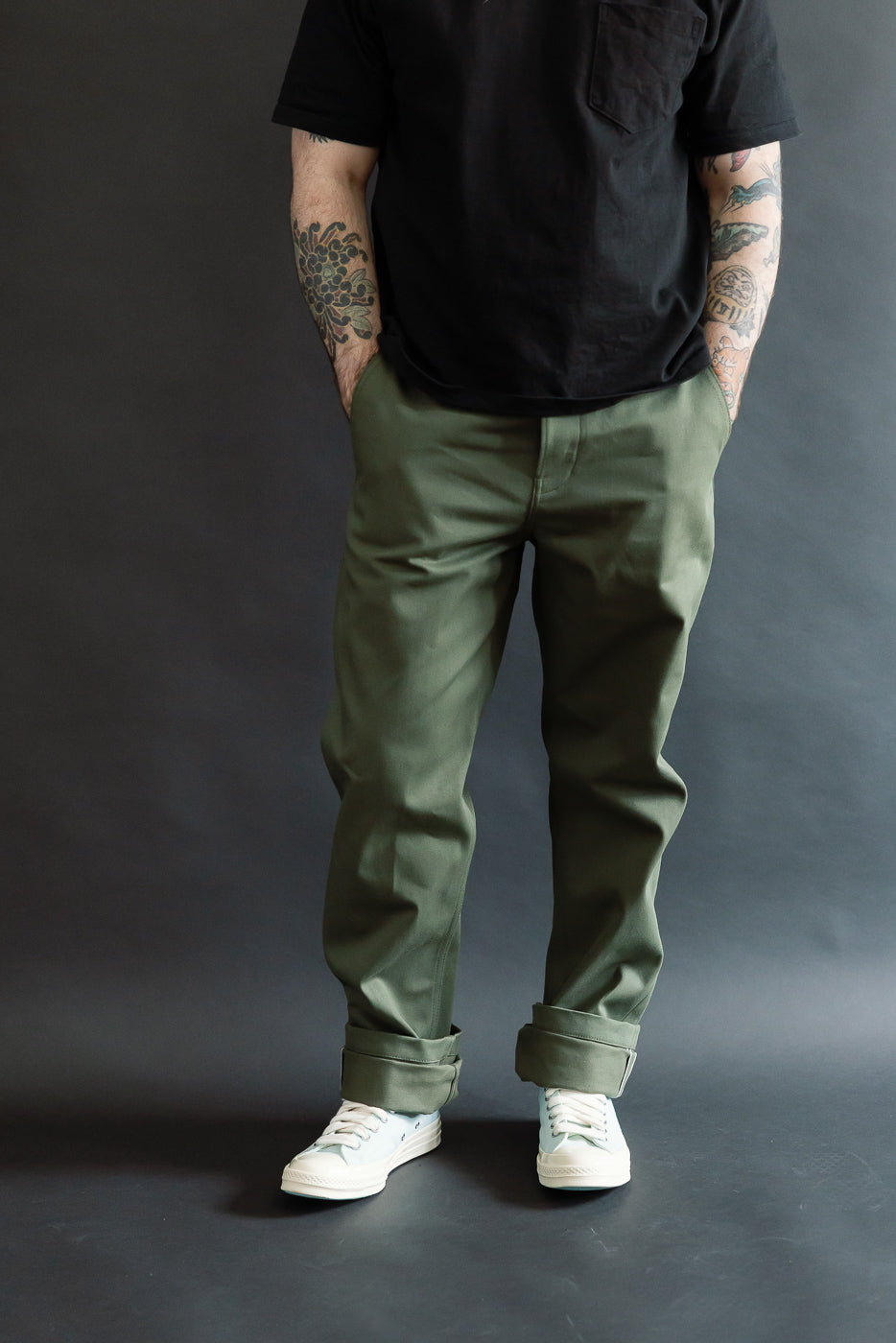Full body front view of male model 5'9