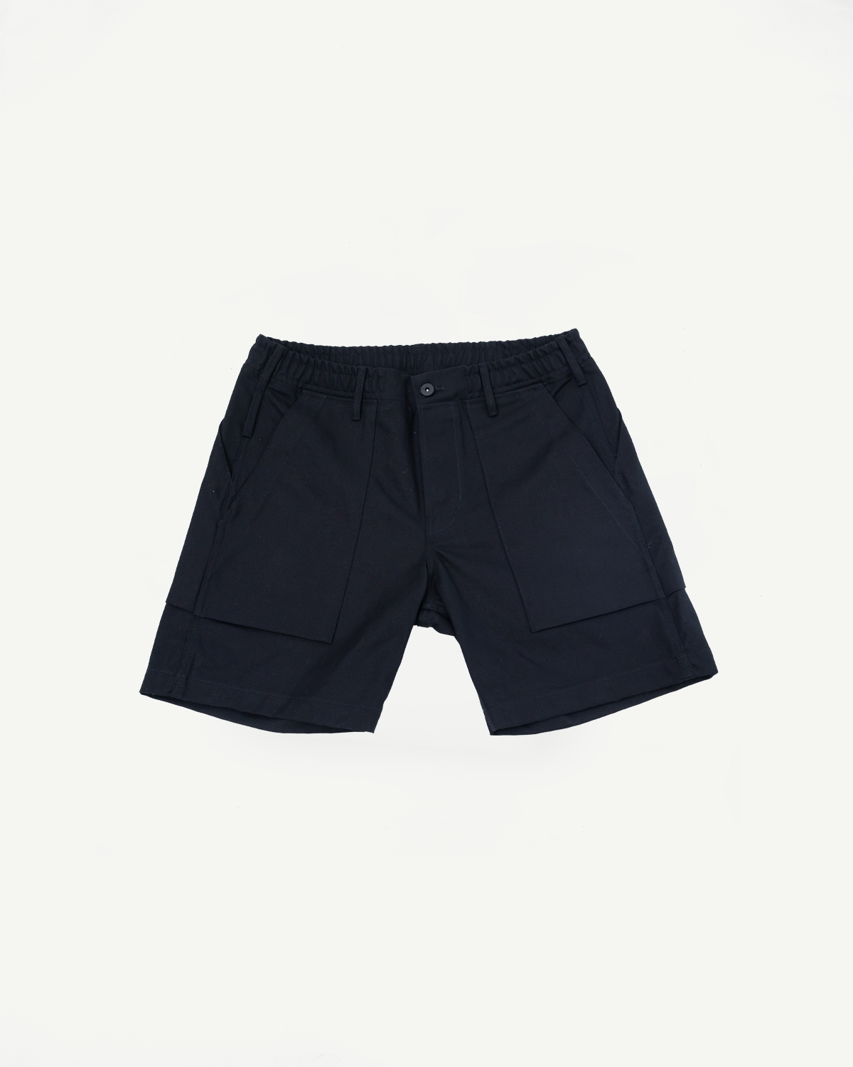 Front view of black casual shorts with elastic waist and side pockets, flat lay