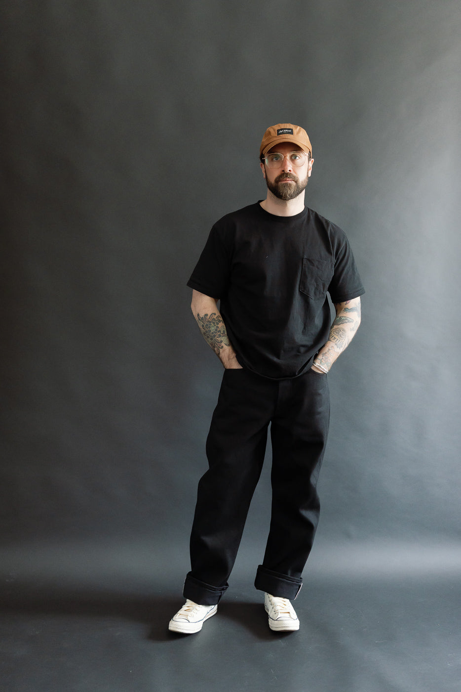 Full body front view of male model 5'9