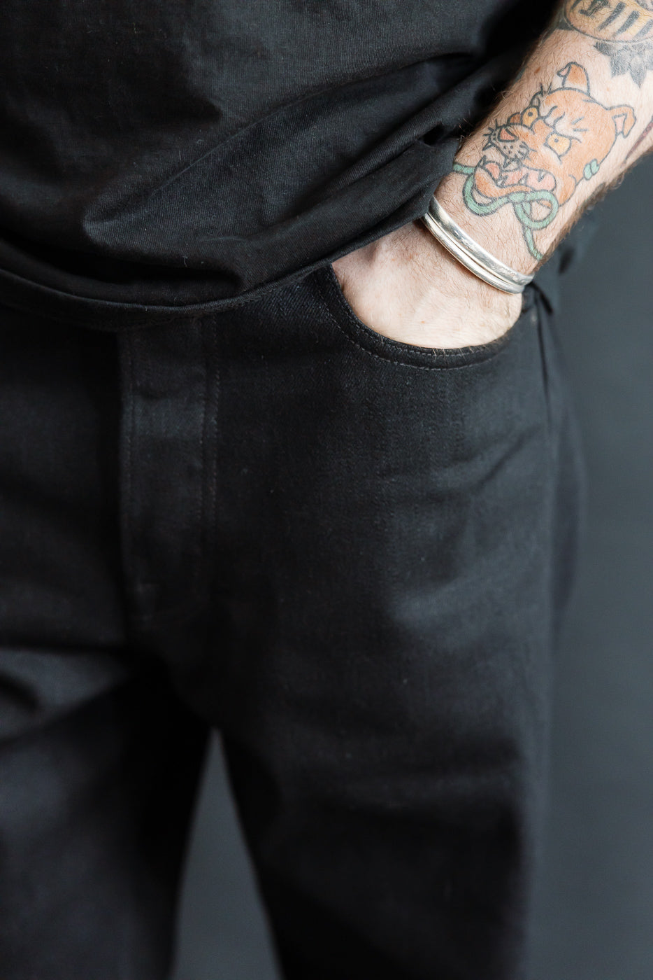 Close-up of men's selvedge denim front pocket, left side, on athletic male model, 5'9 165lbs