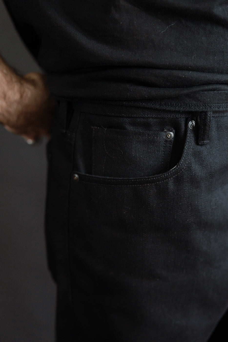 Close-up of men's selvedge denim front pocket, side view, on 5'9