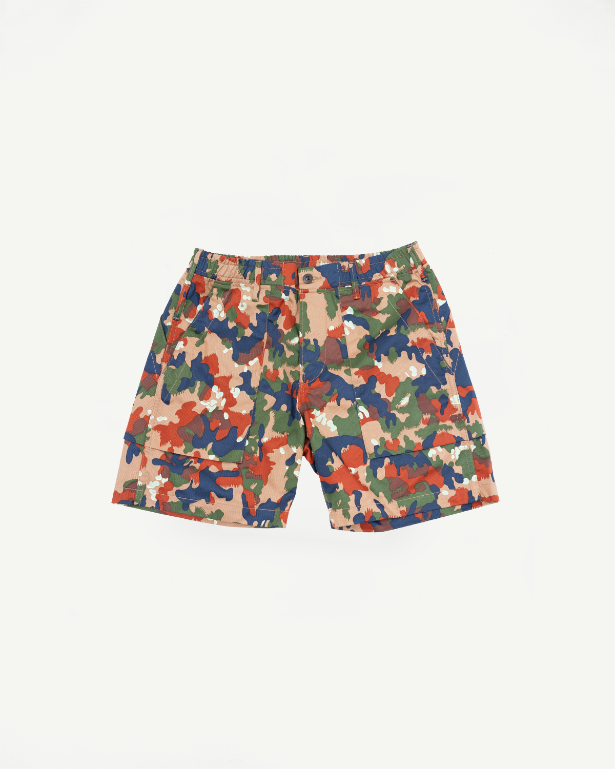 Front view flat lay of men's camouflage shorts with button closure and side pockets, casual apparel