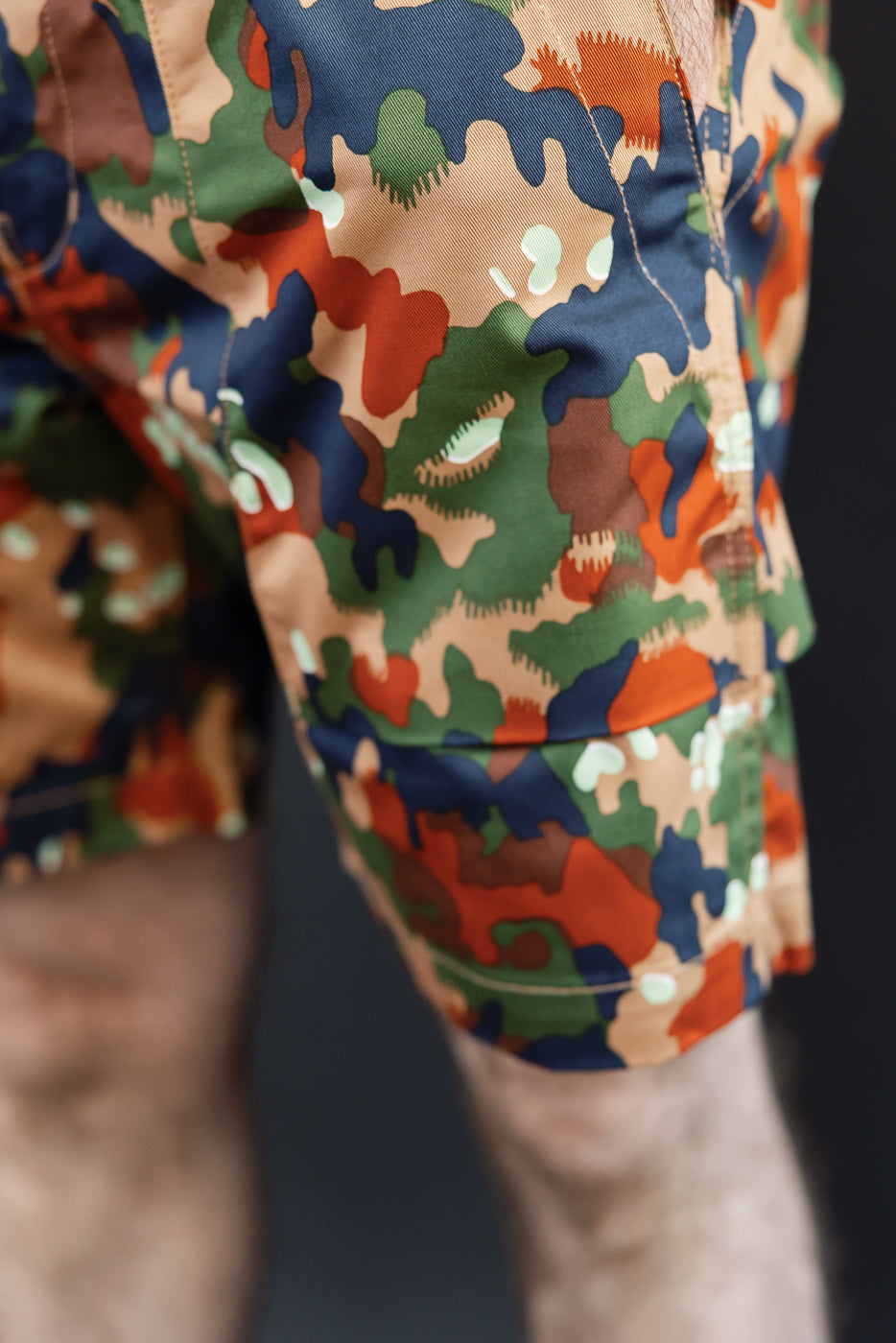 Close-up of camouflage shorts front, showing fabric texture and hem, worn by male model