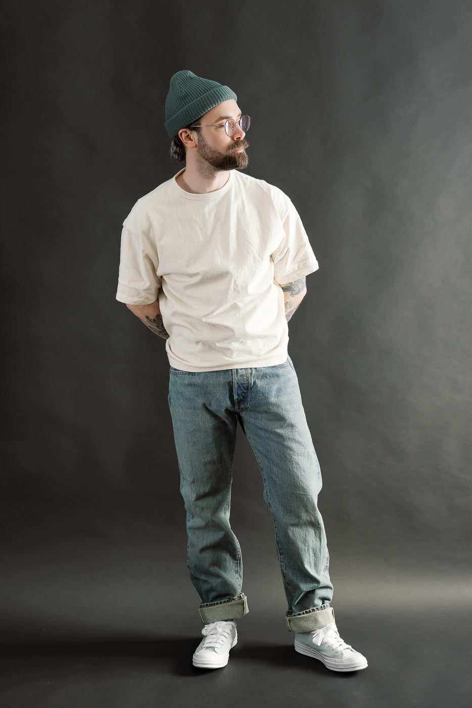 Front view, full body of male model 5'9