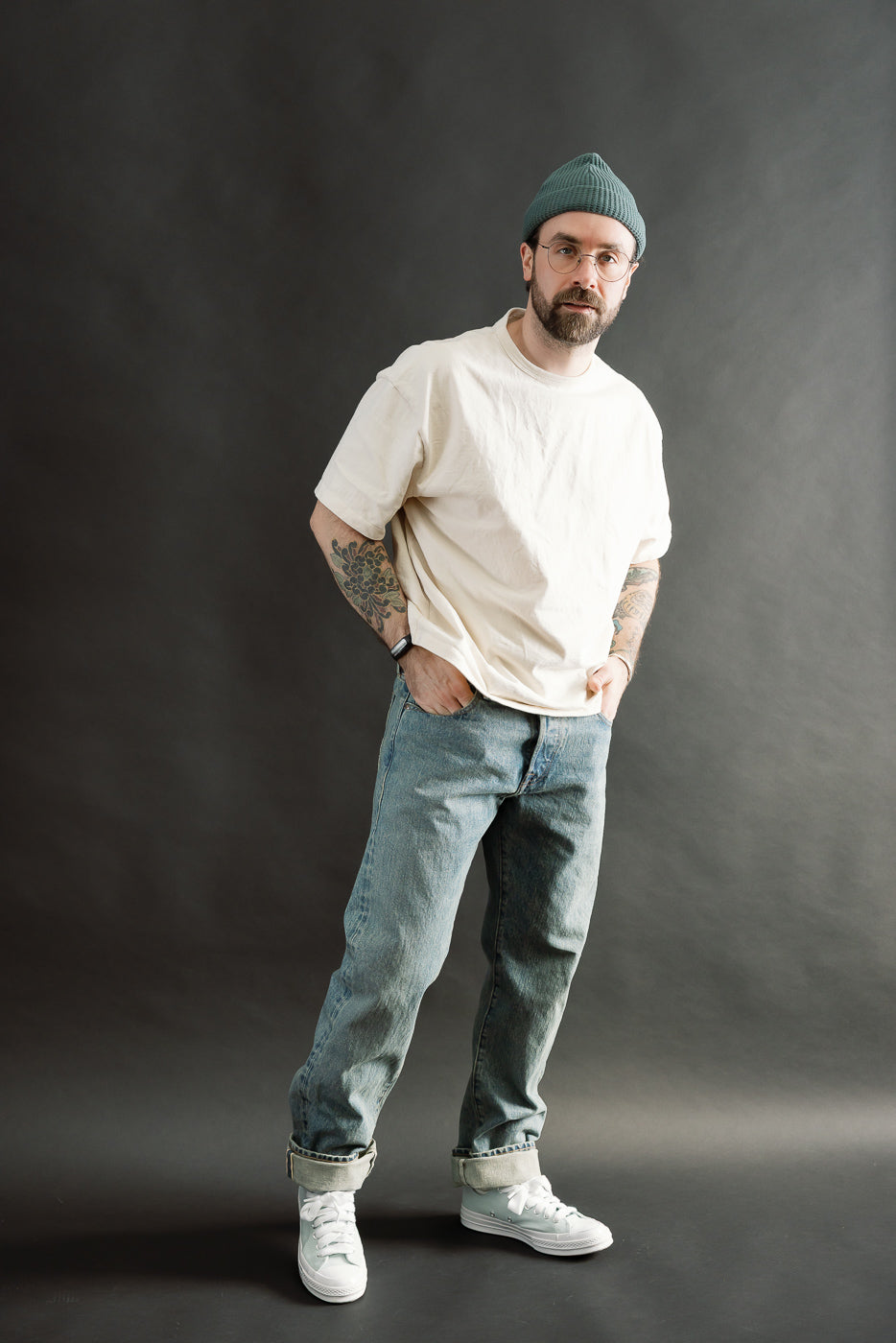 Full body front view of male model, 5'9