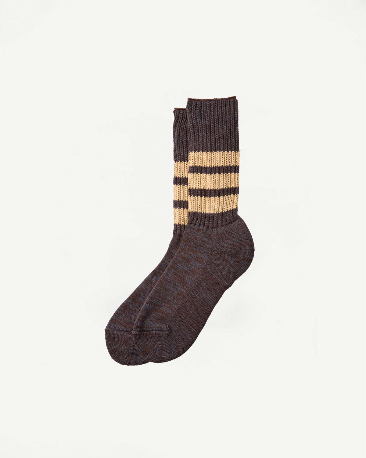Side view of a pair of brown ribbed crew socks with tan stripes, shown as a flat lay.