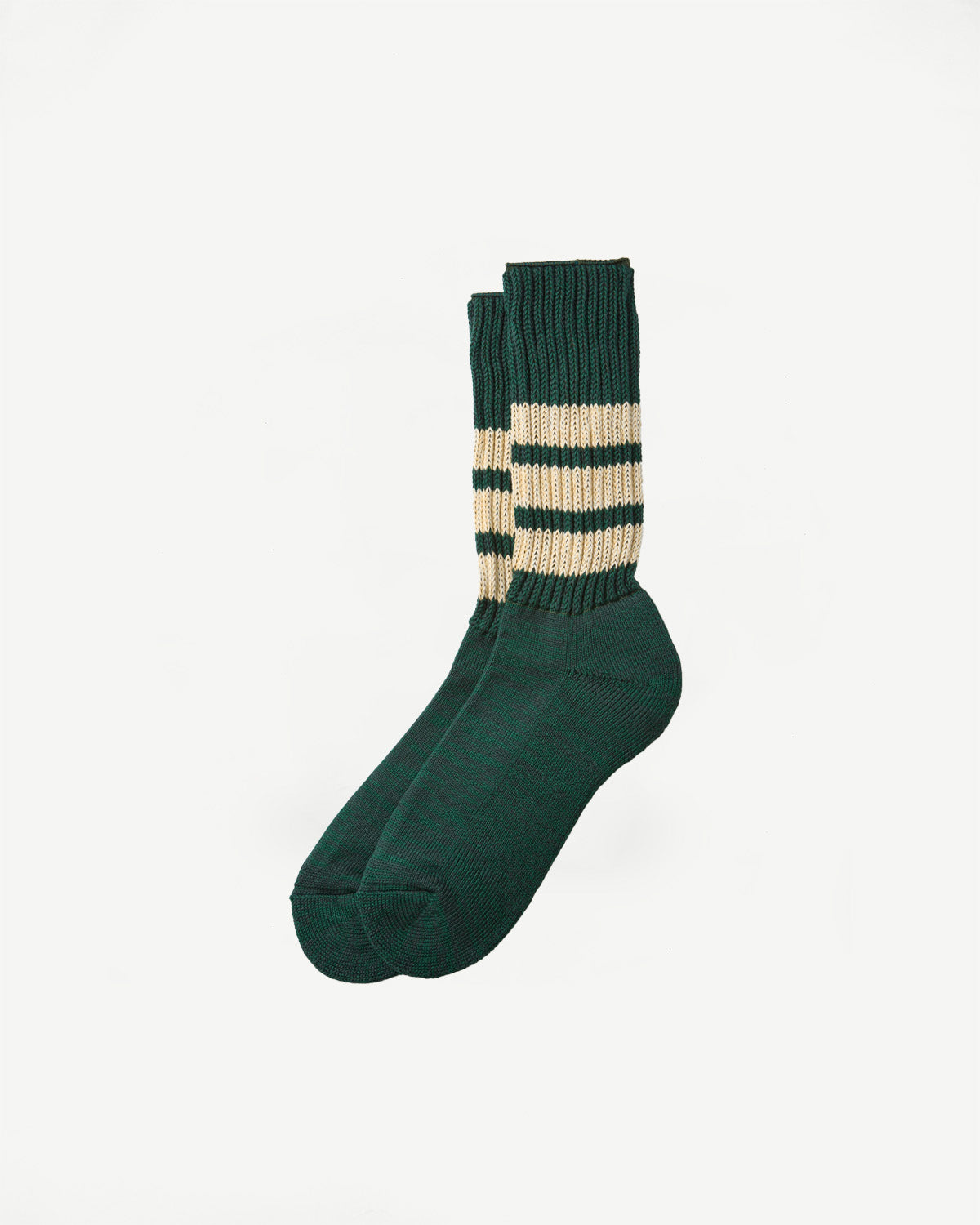 Side view of a pair of dark green ribbed crew socks with three tan horizontal stripes.