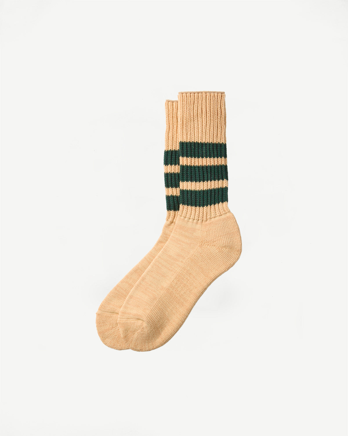 Flat lay, front view of tan ribbed socks with three dark green stripes.