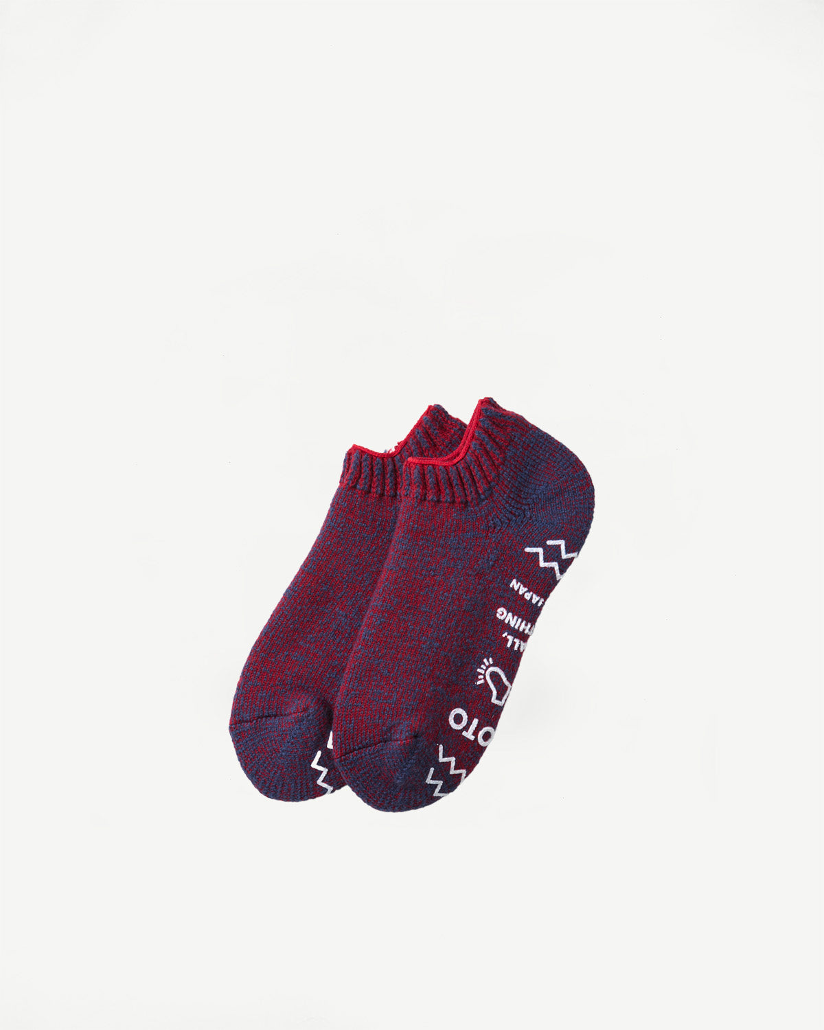 Flat lay front view of patterned maroon and navy knit crew socks with white text detail.