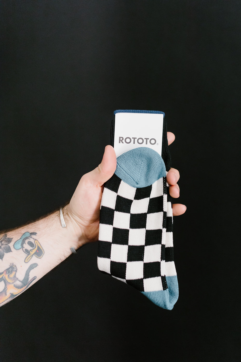R1495 - Checkerboard Crew Socks - Black, Ivory, Light Blue