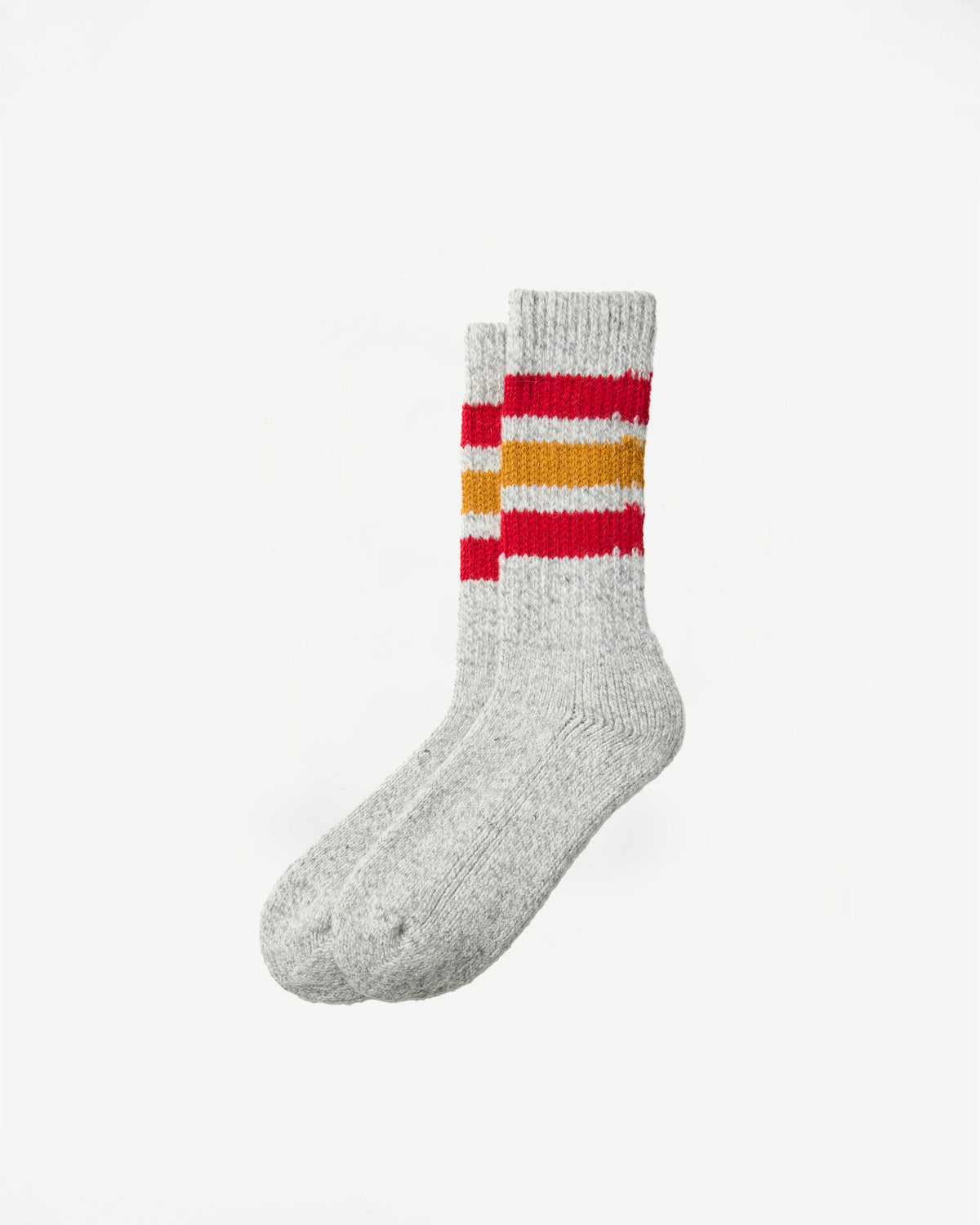 Flat lay front view of grey marl crew socks with red and yellow stripes.