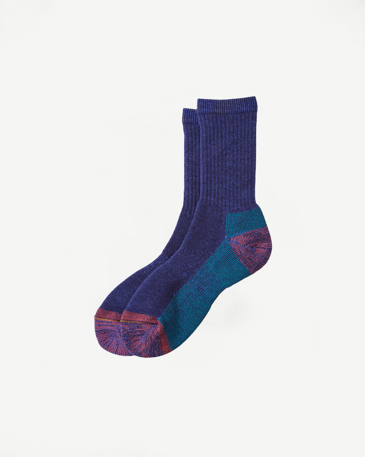 Flat lay side view of purple and teal knit crew socks with red accents.