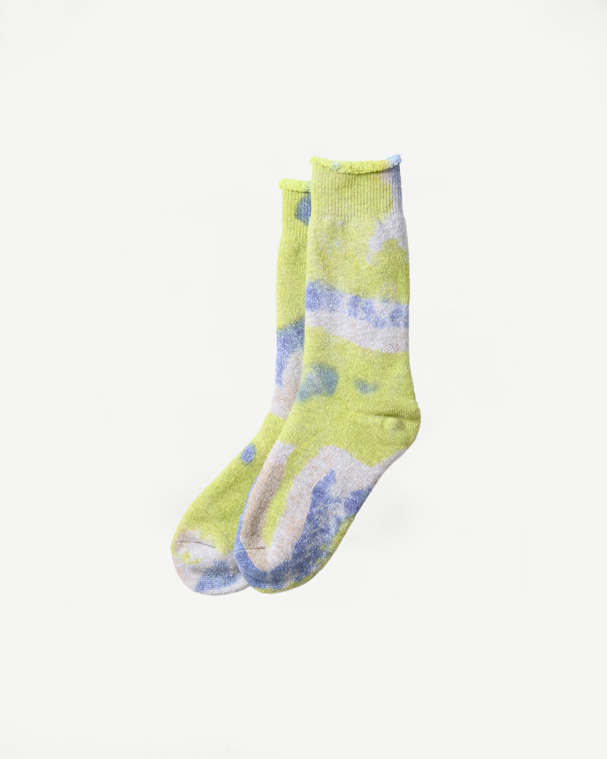 Flat lay of front side of tie-dye crew socks in green, lime, and blue, no model shown.