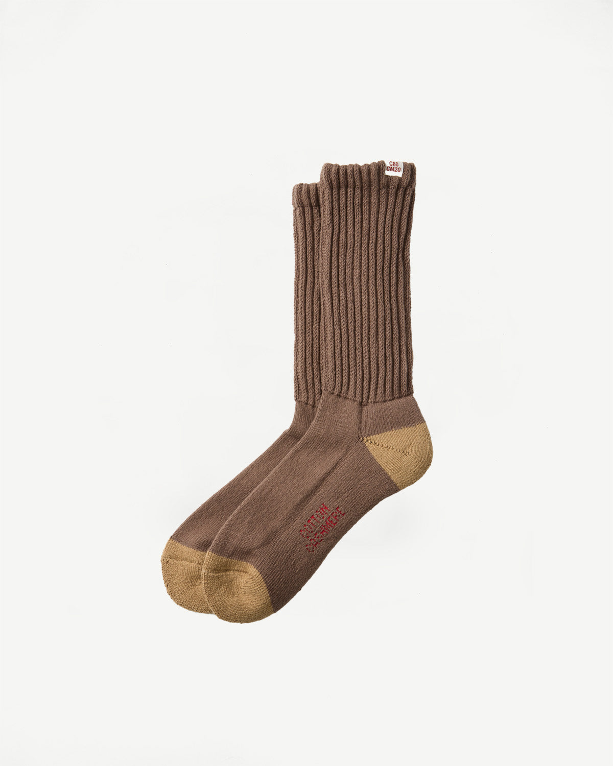 Close-up front view of a pair of brown ribbed knit socks with tan heel and toe accents.