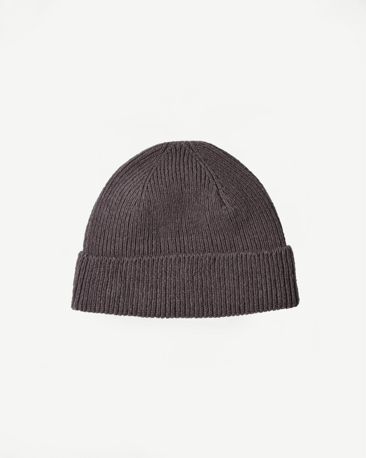 Flat lay front view of dark gray knit beanie, ribbed cuff, entire hat shown.