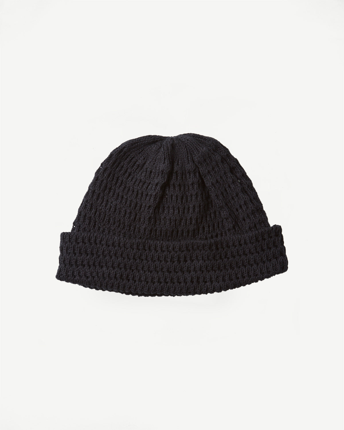 Flat lay front view of recycled cotton open knit beanie in light black, showing knit texture.