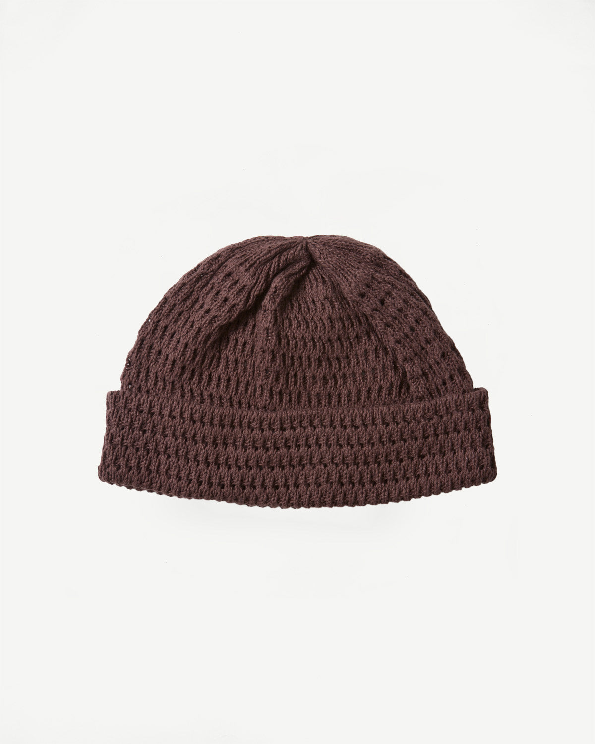 Flat lay front view of light brown recycled cotton open knit beanie, showing texture and folded cuff.