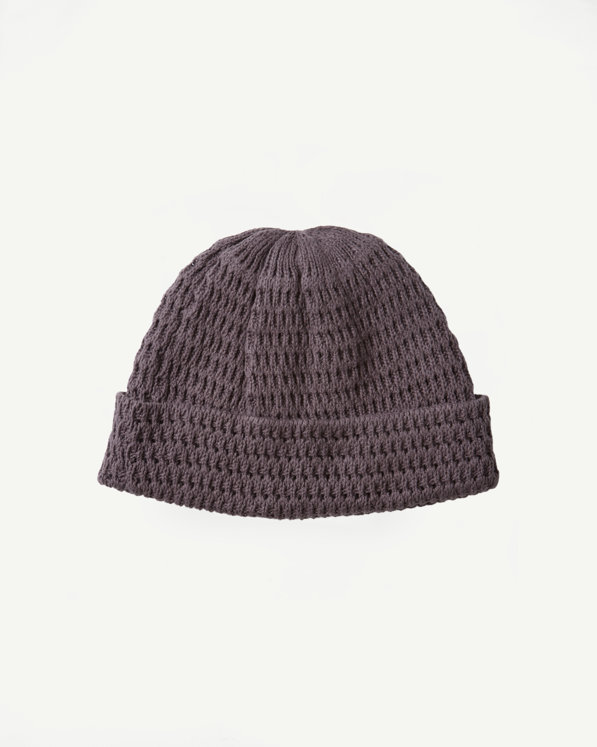 Flat lay front view of light charcoal recycled cotton open knit beanie, showing texture detail.