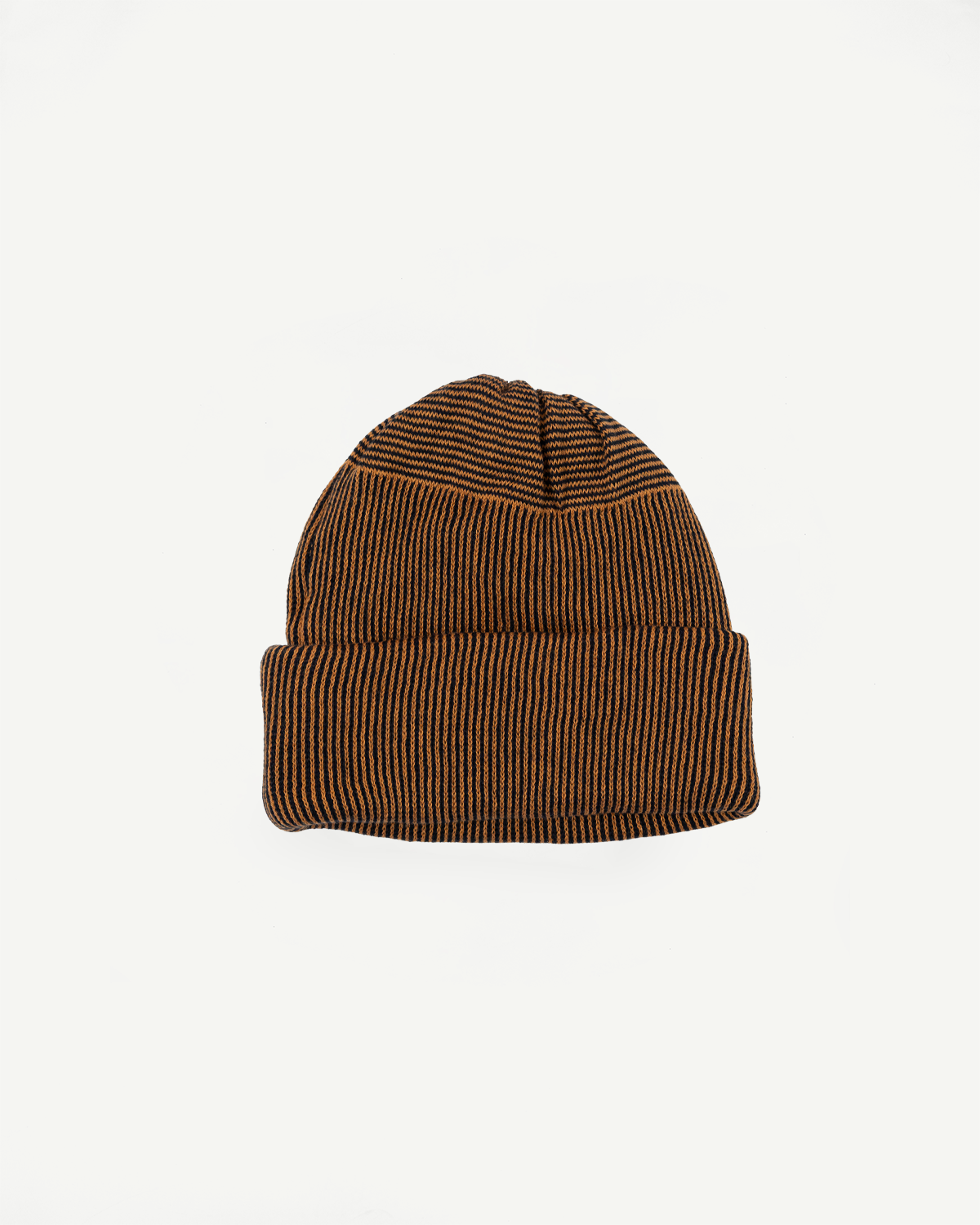 Front view flat lay of a brown and black striped ribbed knit beanie.