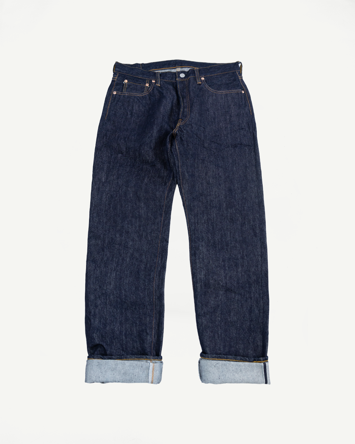 Flat lay of Samurai S0710XX 15oz limited washi selvedge denim jeans front view, cuffed hems