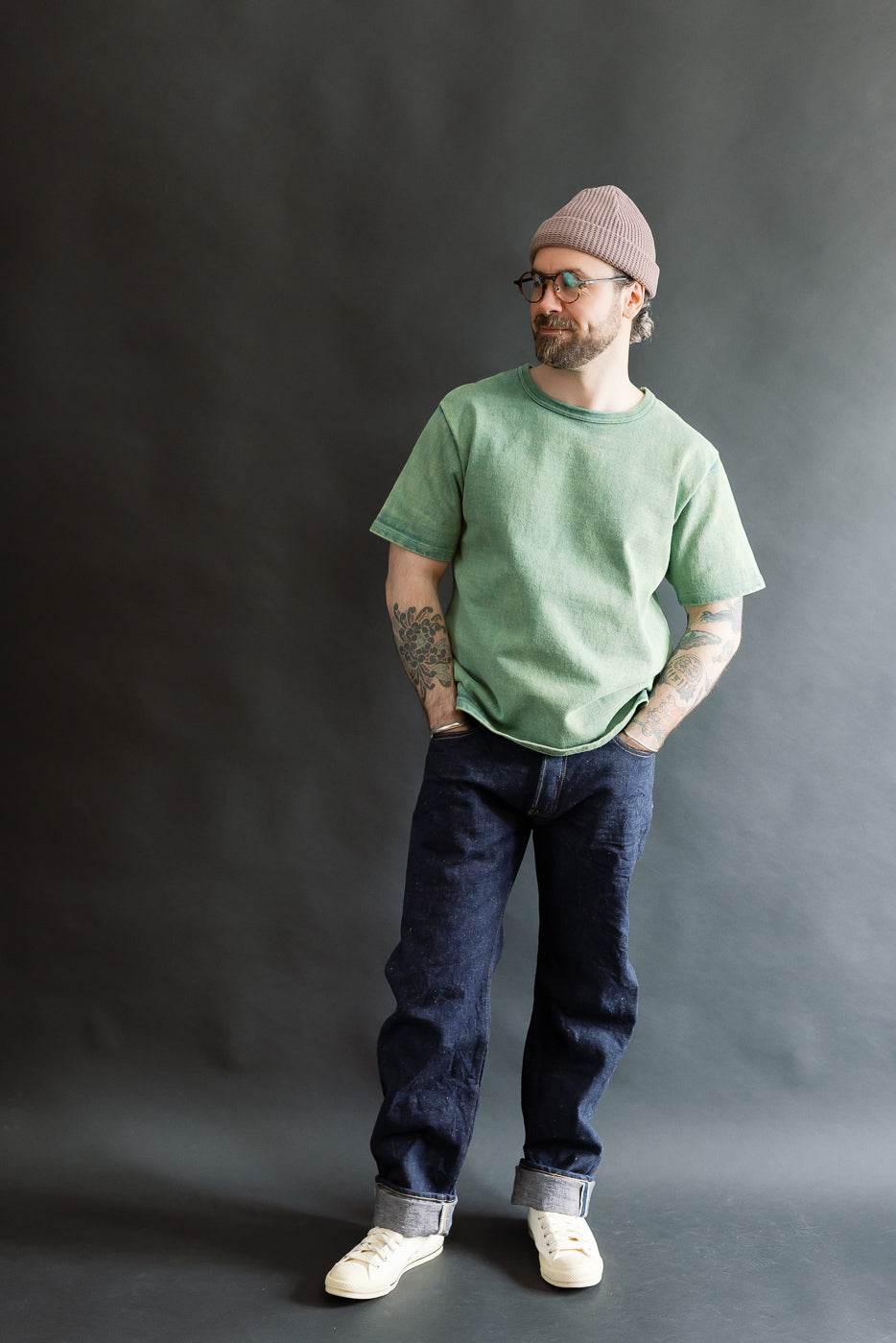 Full body front view of male model 5'9