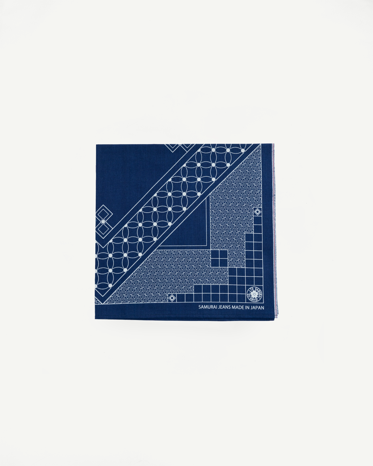 Samurai Jeans indigo bandana, front view, geometric white patterns, 'Made in Japan' tag detail