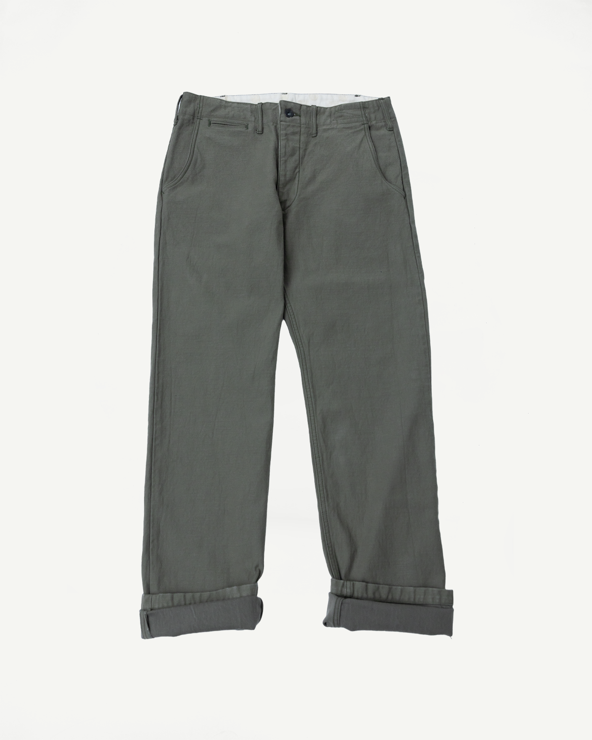 Olive green casual pants, front view, cuffed hems, flat lay