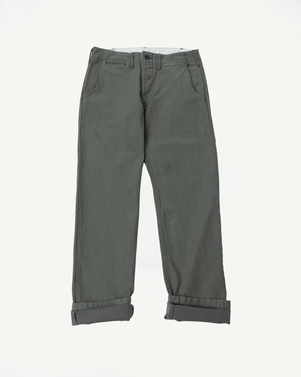 SJ42BP - 15oz Heavy Back Satin Olive Selvedge Trousers - Slim