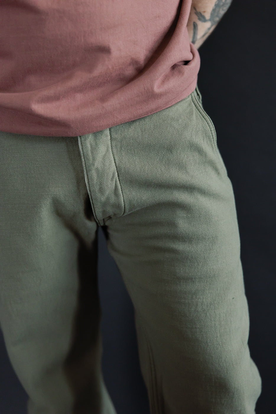 SJ42BP - 15oz Heavy Back Satin Olive Selvedge Trousers - Slim
