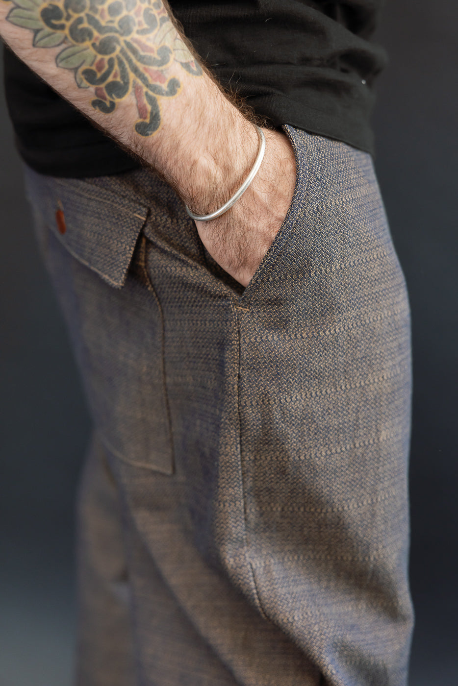 Close-up side view of men's selvedge pants, showcasing texture, pocket, and fit on athletic build.