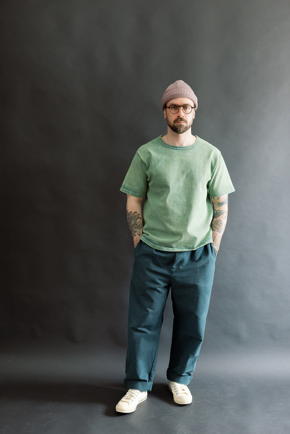 Full body front view of male model 5'9