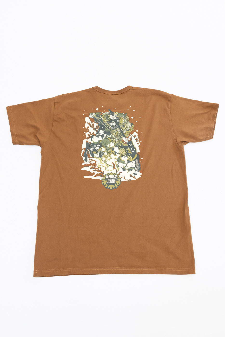 Flat lay back view of brown graphic tee with samurai print, featuring bold artwork and 'Samurai Jeans' logo.
