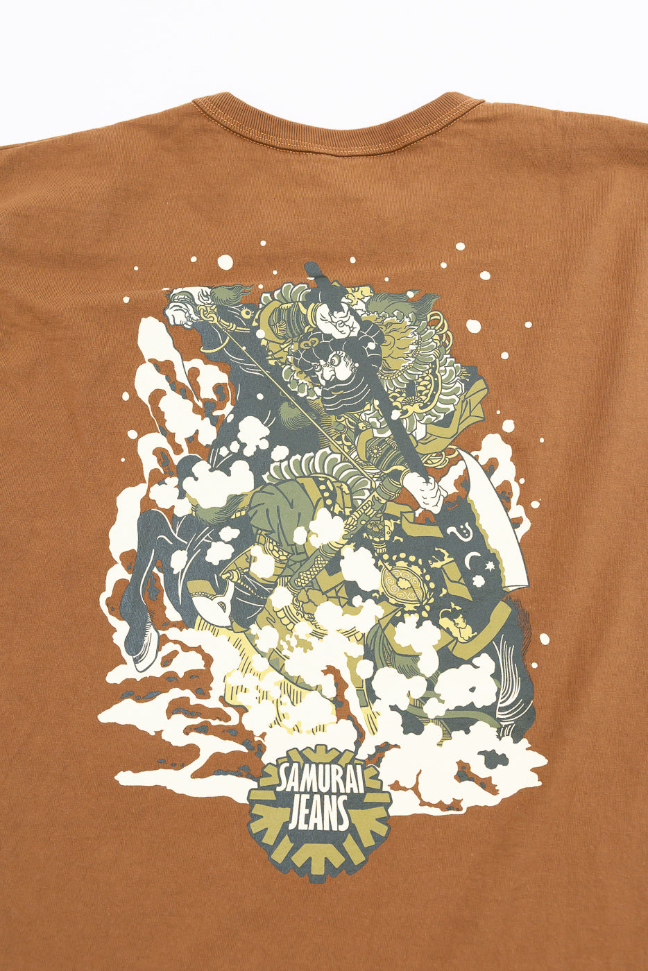 Back view close-up of brown graphic tee with Samurai Jeans logo and detailed warrior print, showcasing fabric texture and design.