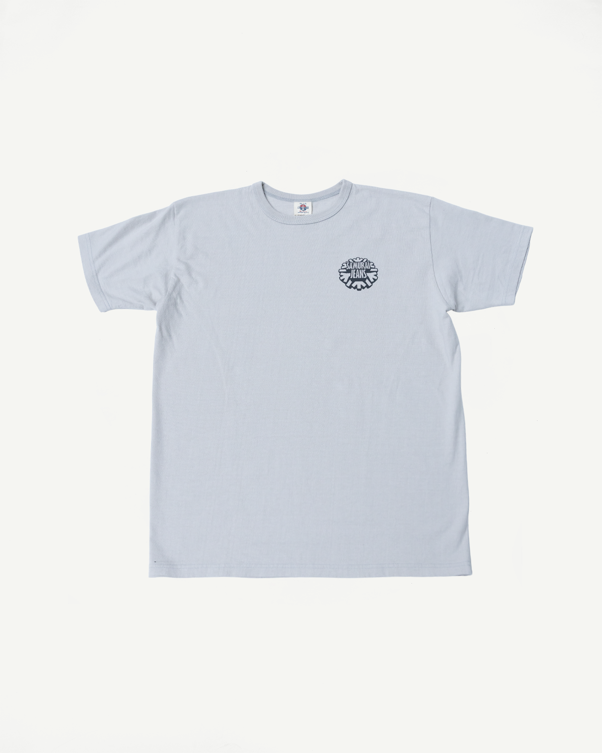Light gray men's short-sleeve tee, front view, featuring chest logo and ribbed crew neck, flat lay