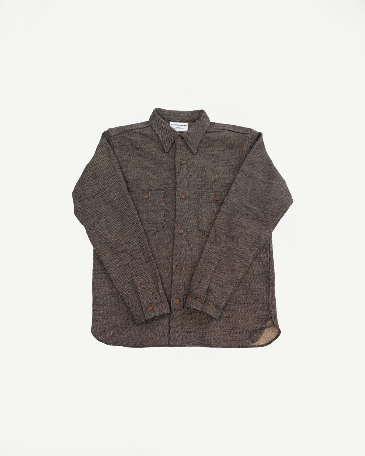 Front flat lay of Samurai SMN25-01W Elemental Flannel Shirt in black with chest pockets, button front, and pointed collar, Dant contemporary apparel.