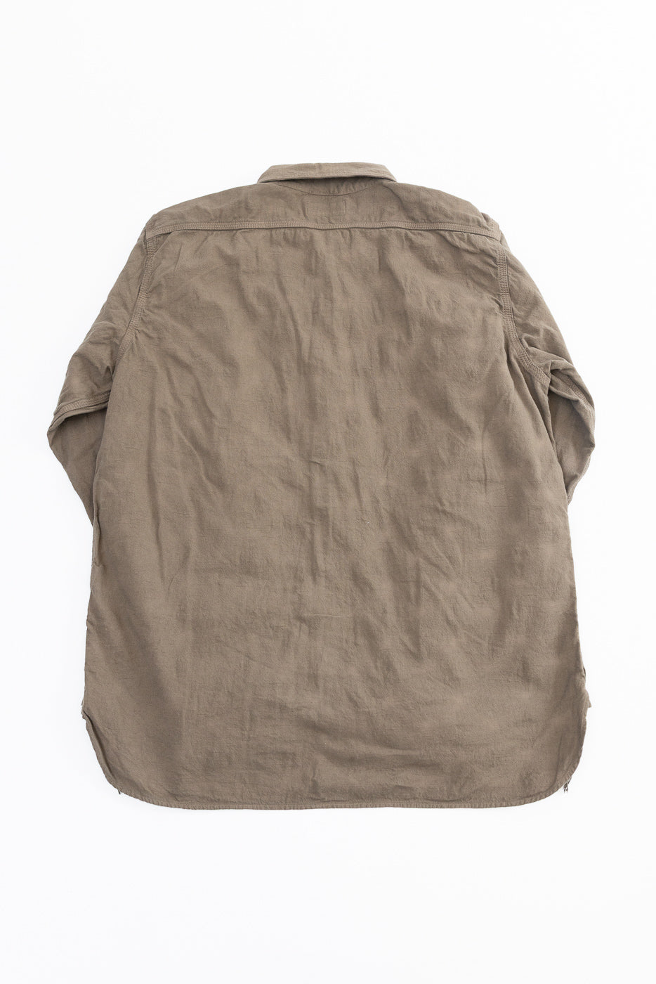 Back view of olive linen shirt, flat lay, showing collar, shoulder seams, and curved hem