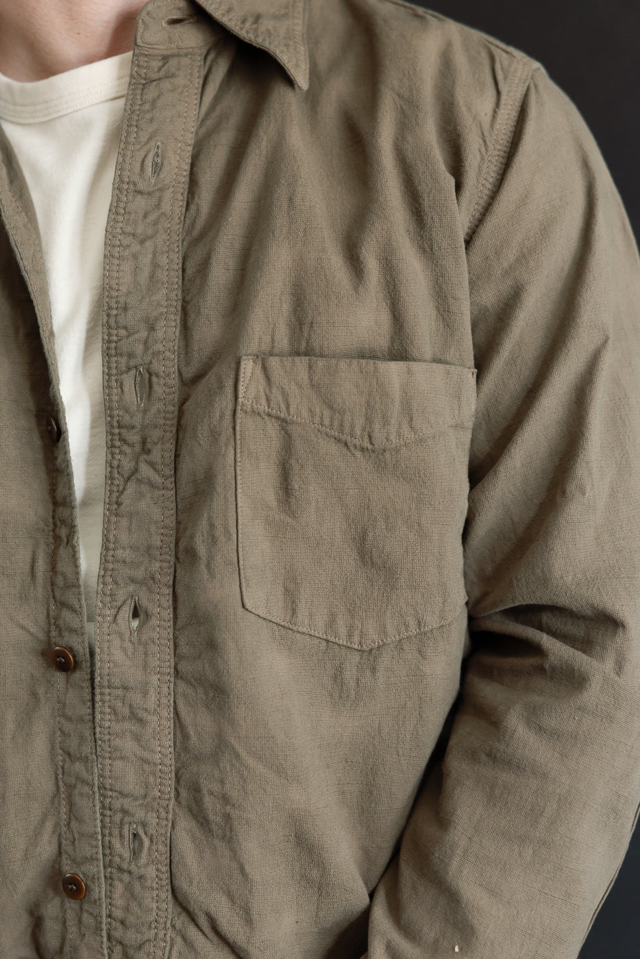 Close-up front view of olive shirt, showing chest pocket, buttons, and fabric texture on male model.